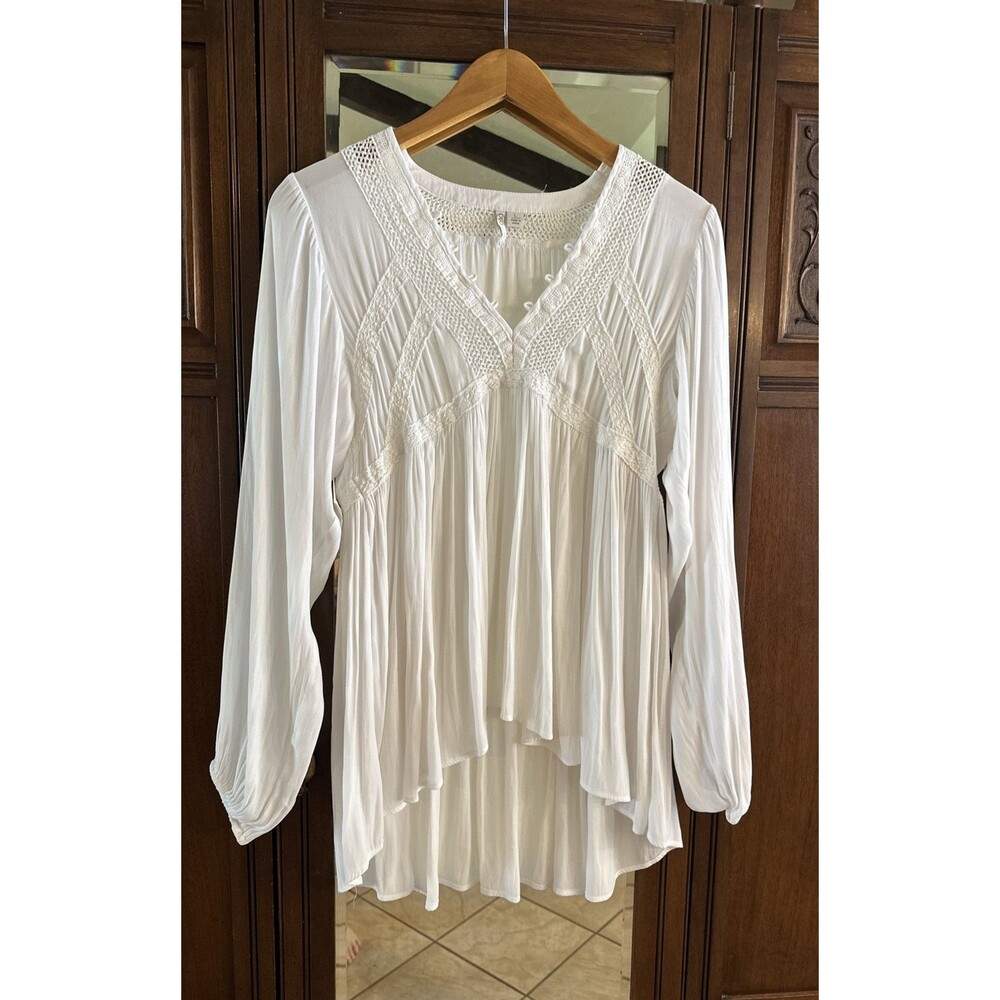 Cato White Gauze Peasant Blouse Long Sleeve Boho Lace Crochet Tunic Top Size L